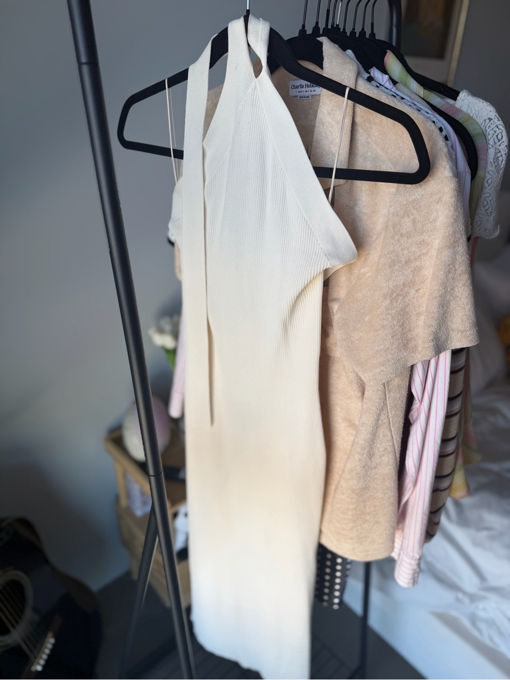 Aritzia Cream Ribbed Halter Maxi Dress